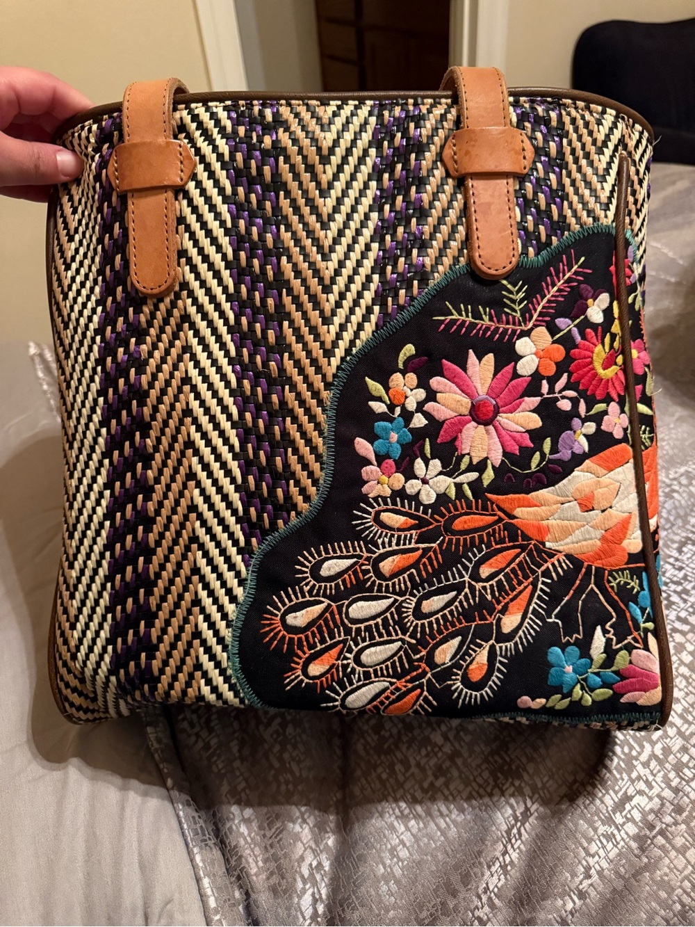 Consuela Black and Tan Woven Tote with Multicolor Floral Embroidery